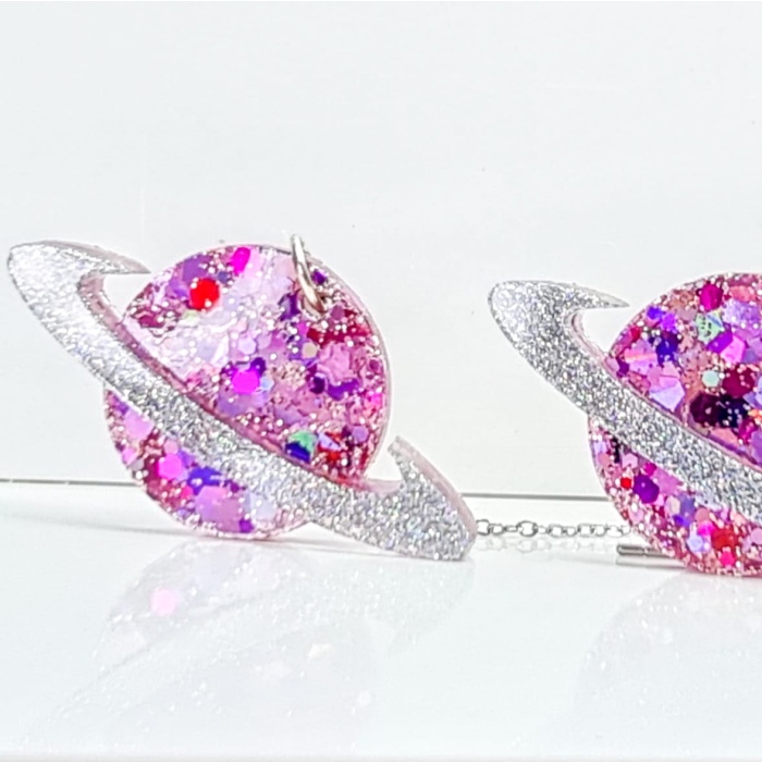 Purple Glitter Planet Earrings with Saturn Ring - Image 2