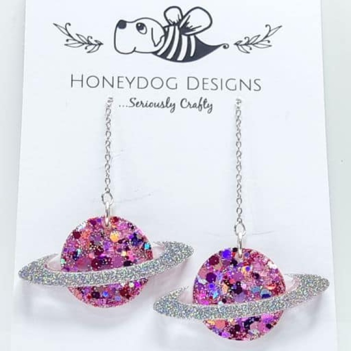 Purple Glitter Planet Earrings with Saturn Ring - Image 5