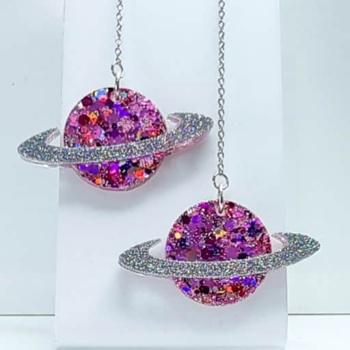 Purple Glitter Planet Earrings with Saturn Ring