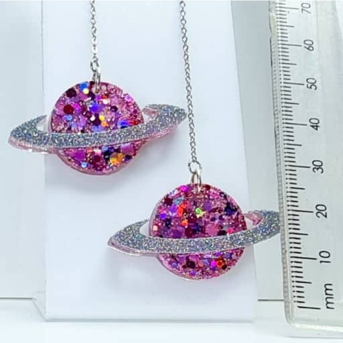 Purple Glitter Planet Earrings with Saturn Ring - Image 3