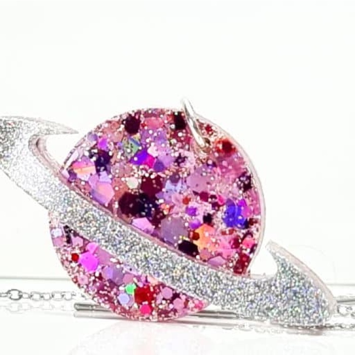 Purple Glitter Planet Earrings with Saturn Ring - Image 6