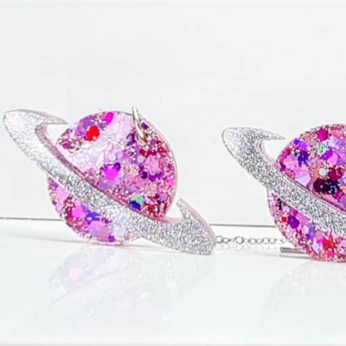 Purple Glitter Planet Earrings with Saturn Ring - Image 4