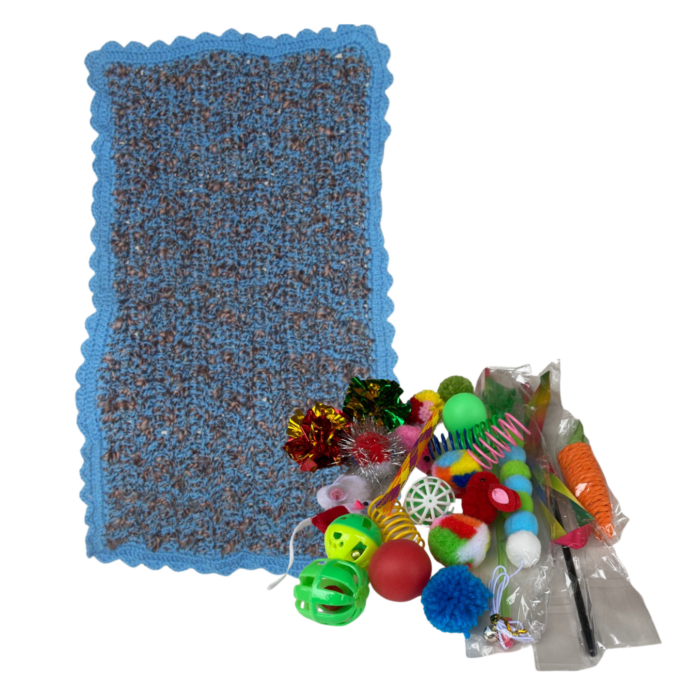 Blue crochet pet blanket with toys