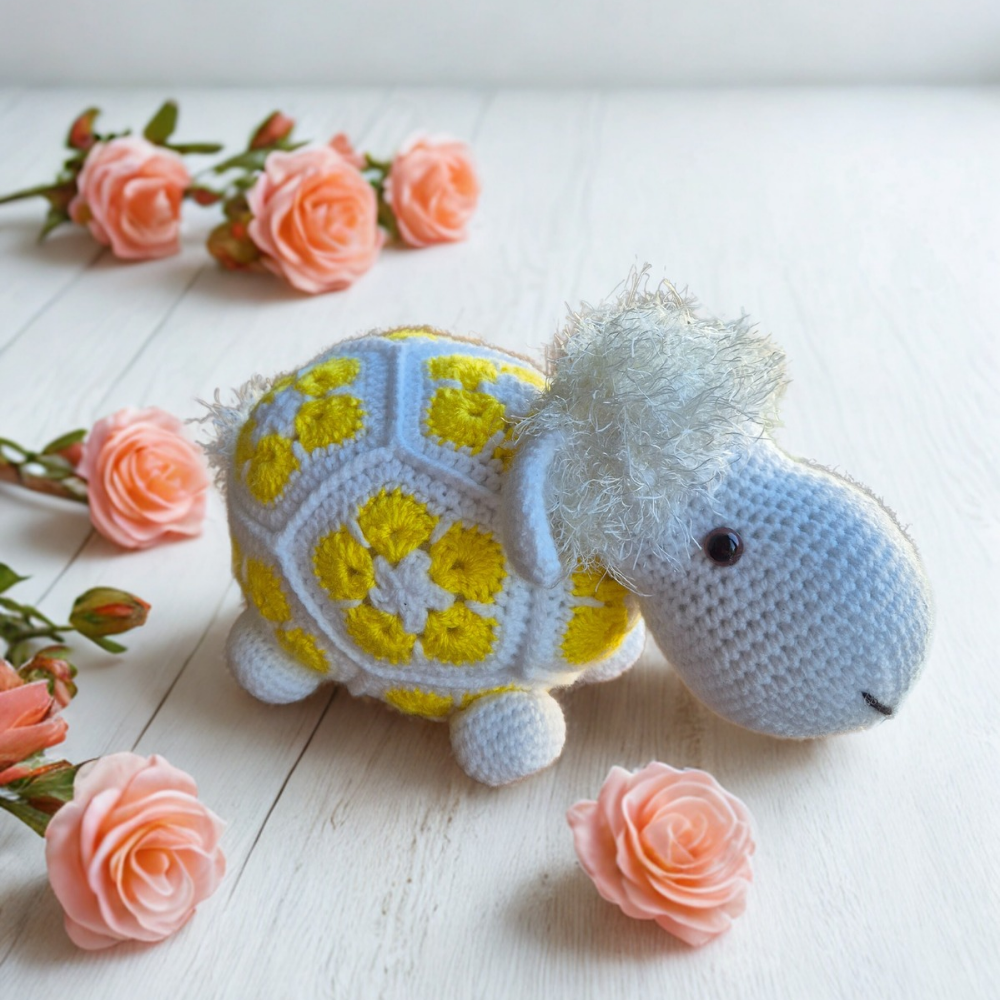 African Flower Lamb Crochet Yellow Toy