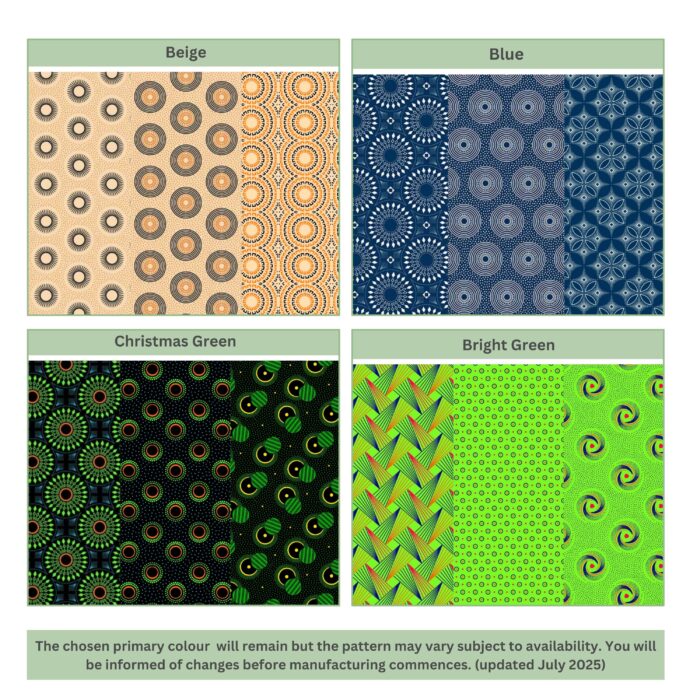 Mockup of shweshwe colour schemes, namely beige, blue, Christmas green and bright green.