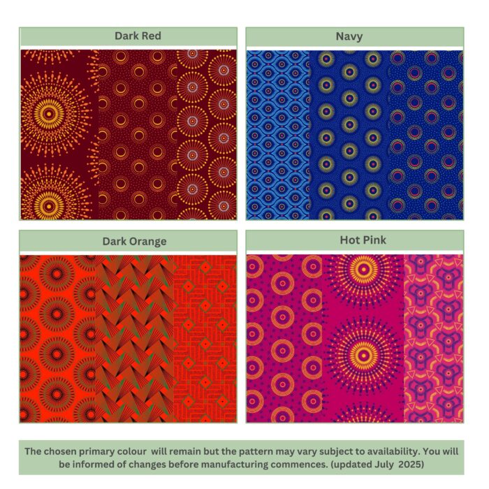 Mockup of shweshwe colour schemes, namely dark red, navy, dark orange and hot pink.