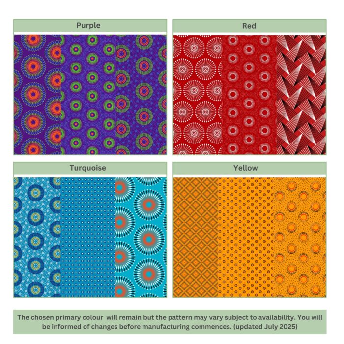 Mockup of shweshwe colour schemes, namely purple, red, turquoise and yellow.
