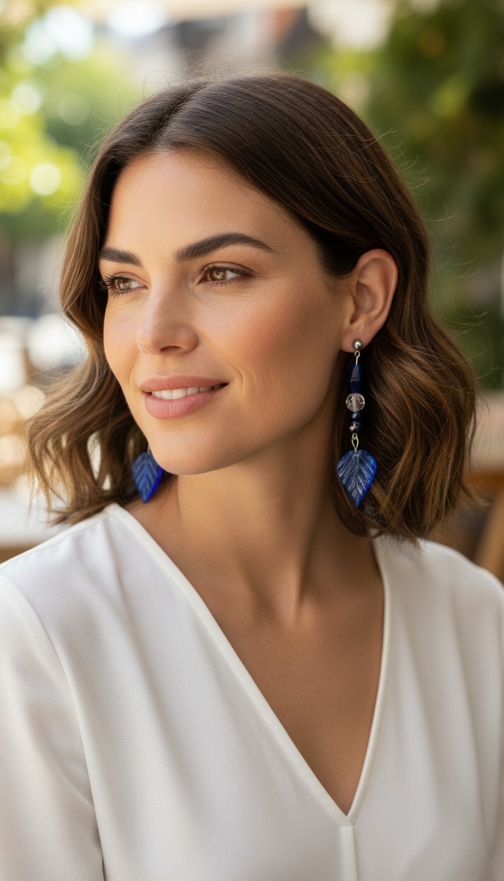 Handmade Midnight Blue Beaded Leaf Drop Earrings - Image 2