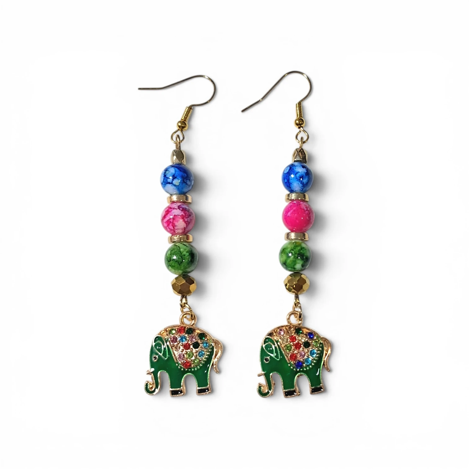 Bead and Green Enamel Elephant Drop Earrings