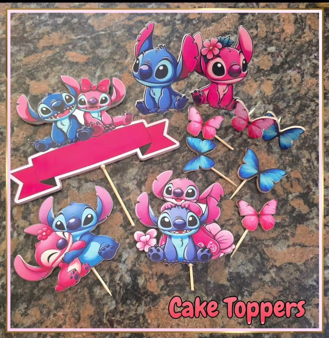 Personalised Stitch and Angel Cake Topper Set