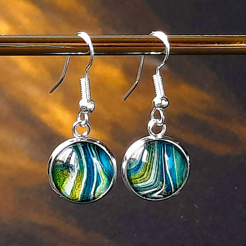 Fluid Art Earrings - Silver and Teal - Image 3