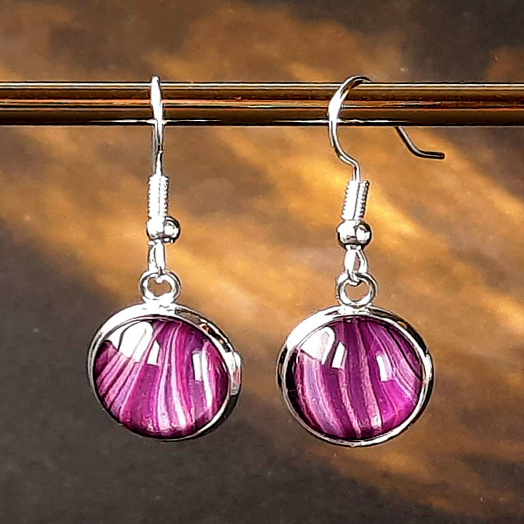 Fluid Art Earrings - Ruby Pink and Silver - Image 3