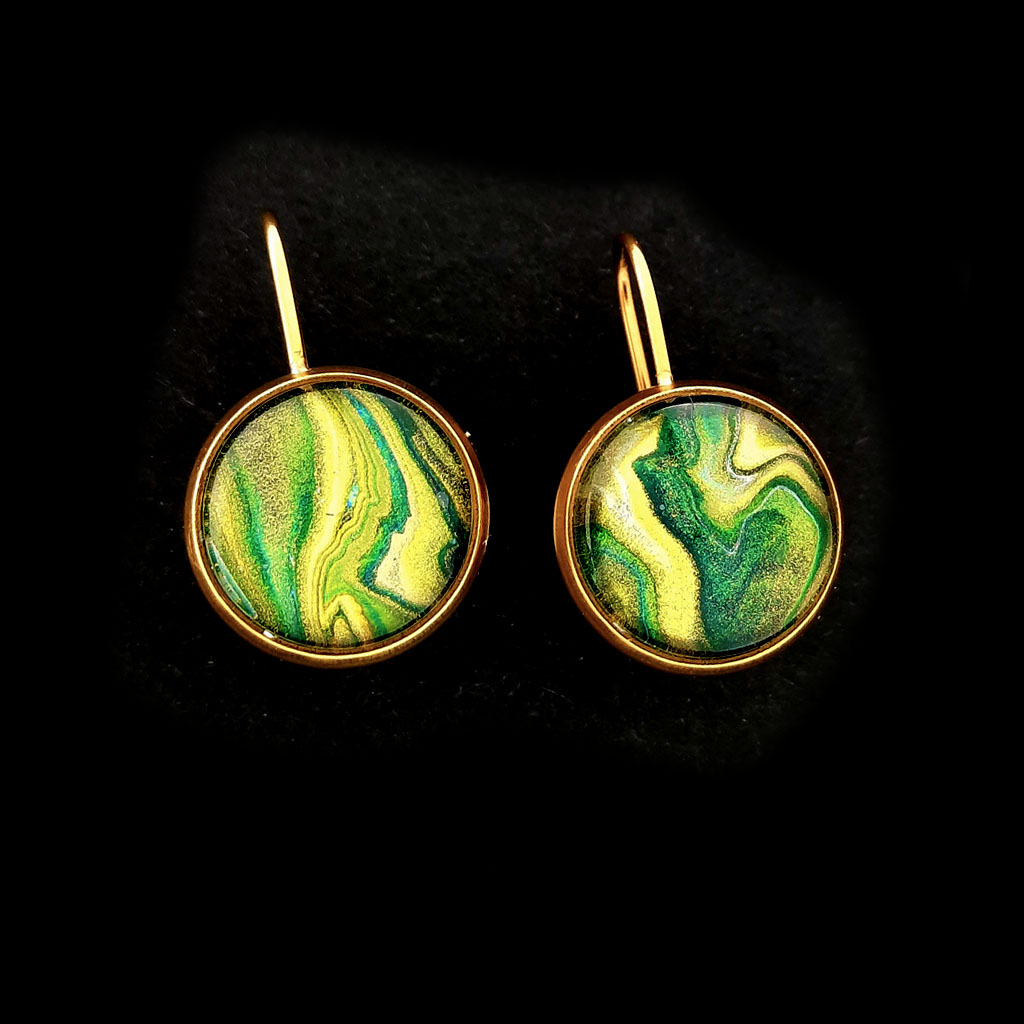 Fluid Art Earrings - Gold and Emerald Green - Image 2