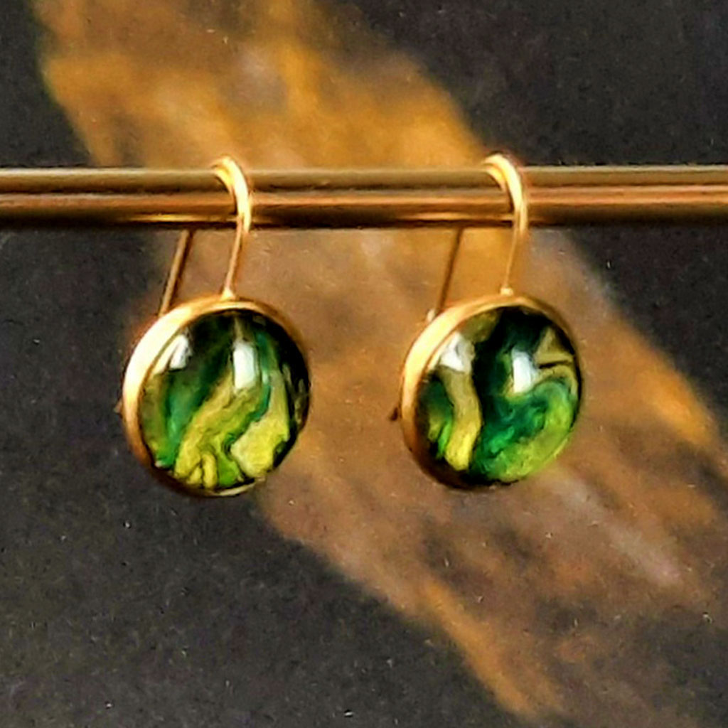 Fluid Art Earrings - Gold and Emerald Green - Image 3