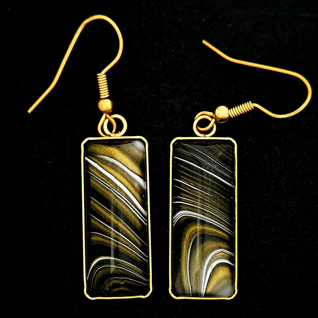 Fluid Art Earrings - Black, White and Gold - Image 2