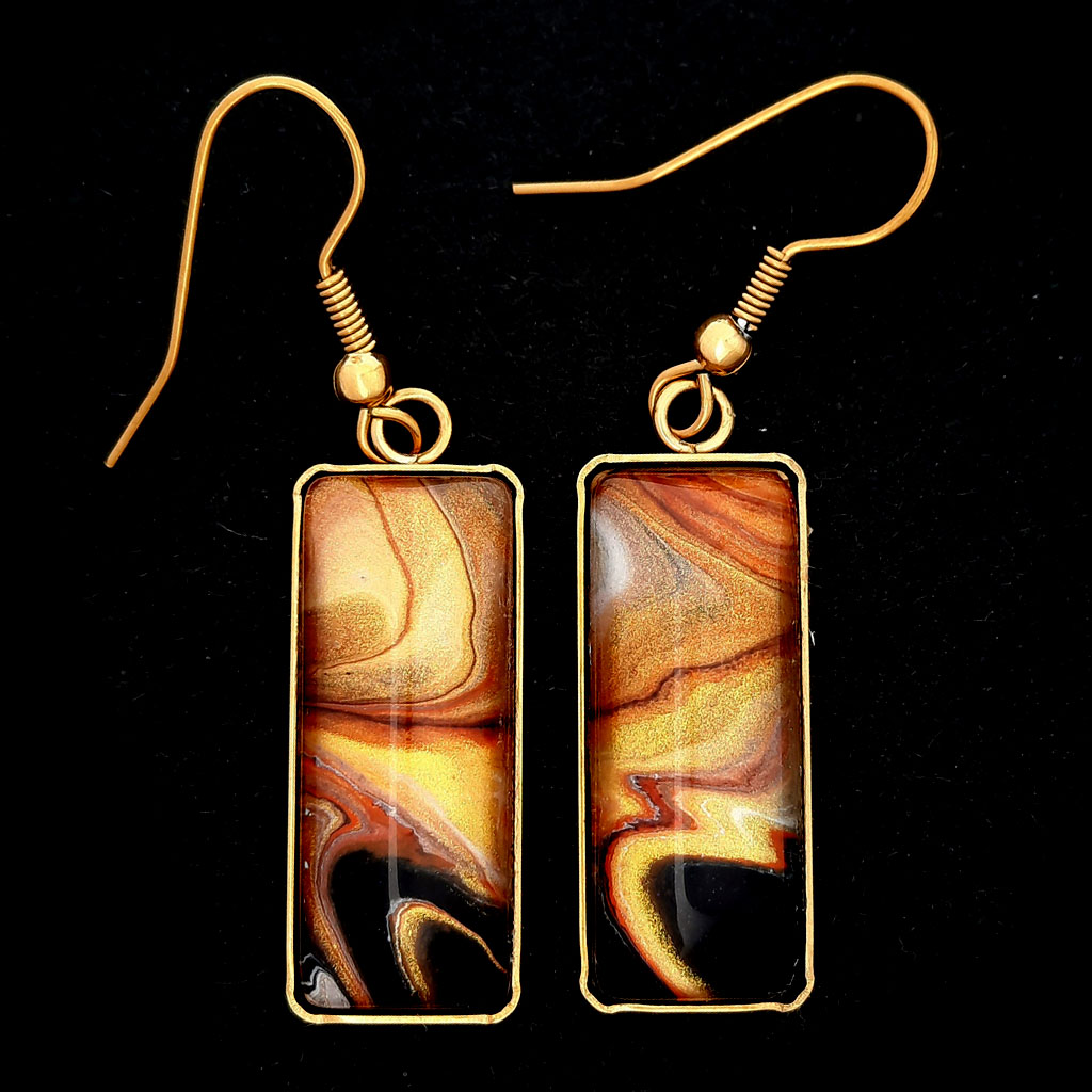 Fluid Art Earrings - Gold Black and Amber - Image 2