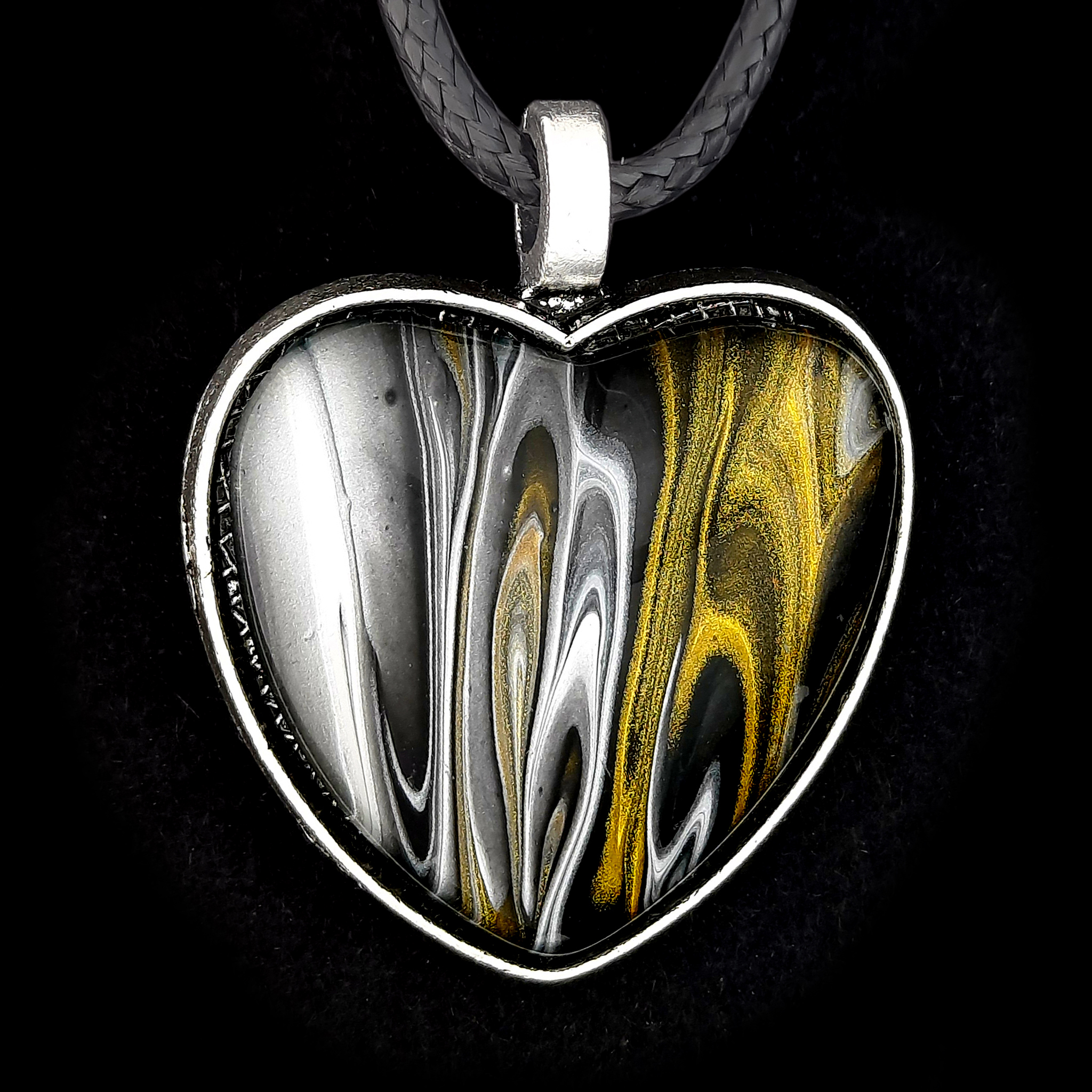 Glass Cabochon Necklace - Black Silver and Gold Heart - Image 2