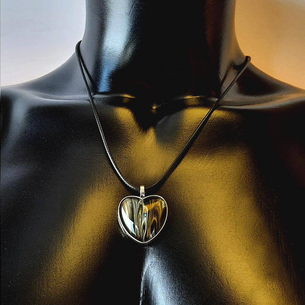 Glass Cabochon Necklace - Black Silver and Gold Heart - Image 3