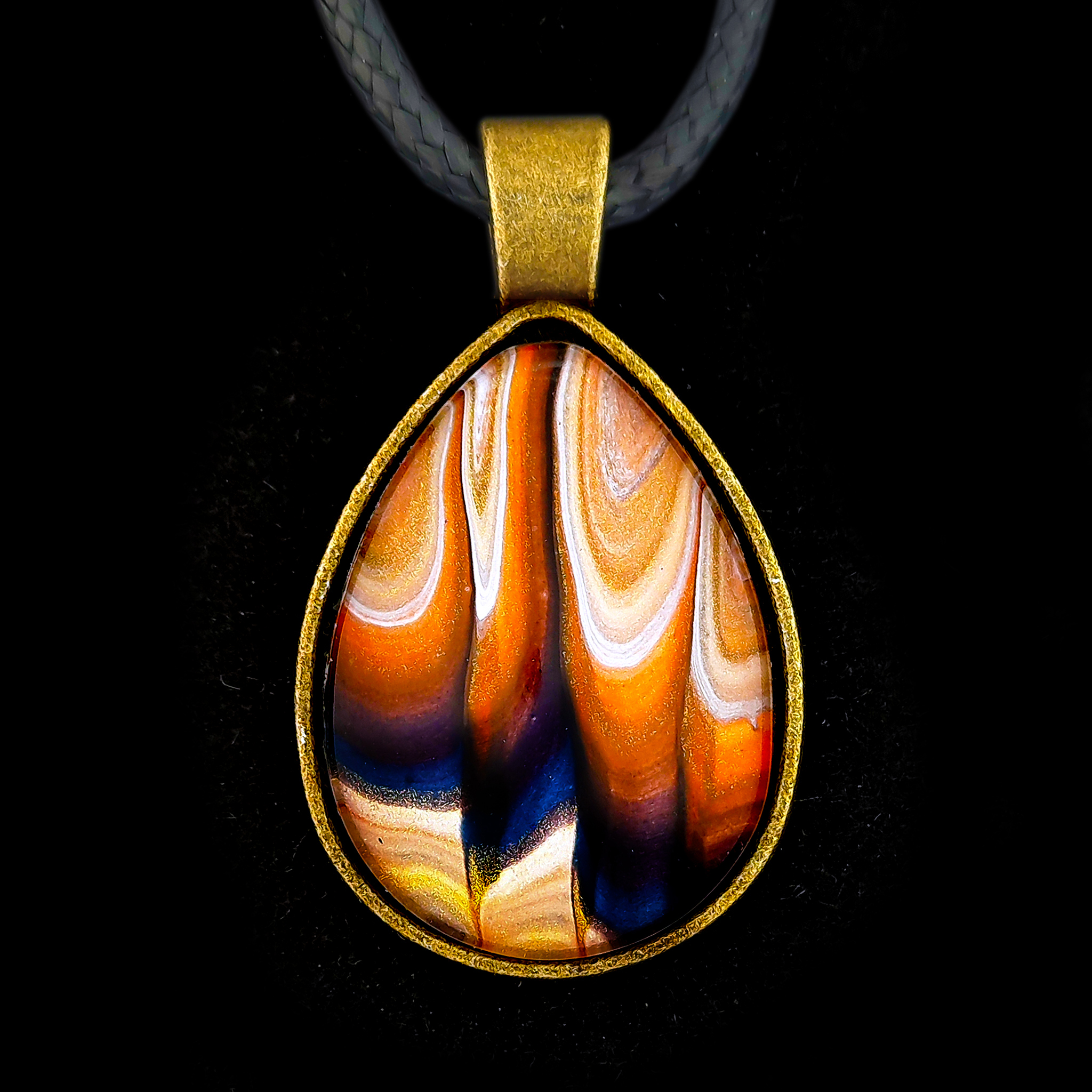 Glass Cabochon Necklace - Beige, Black and Orange Teardrop - Image 2
