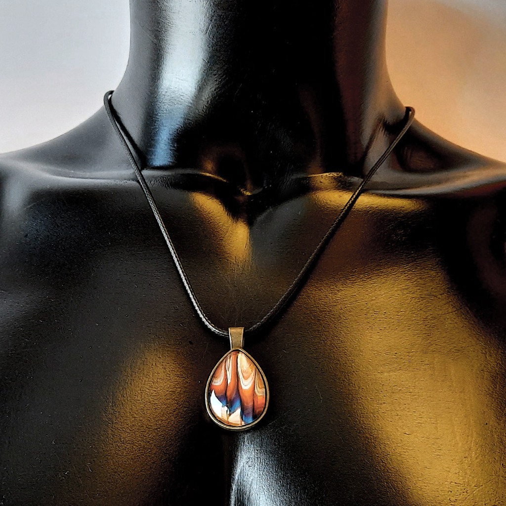 Glass Cabochon Necklace - Beige, Black and Orange Teardrop - Image 3
