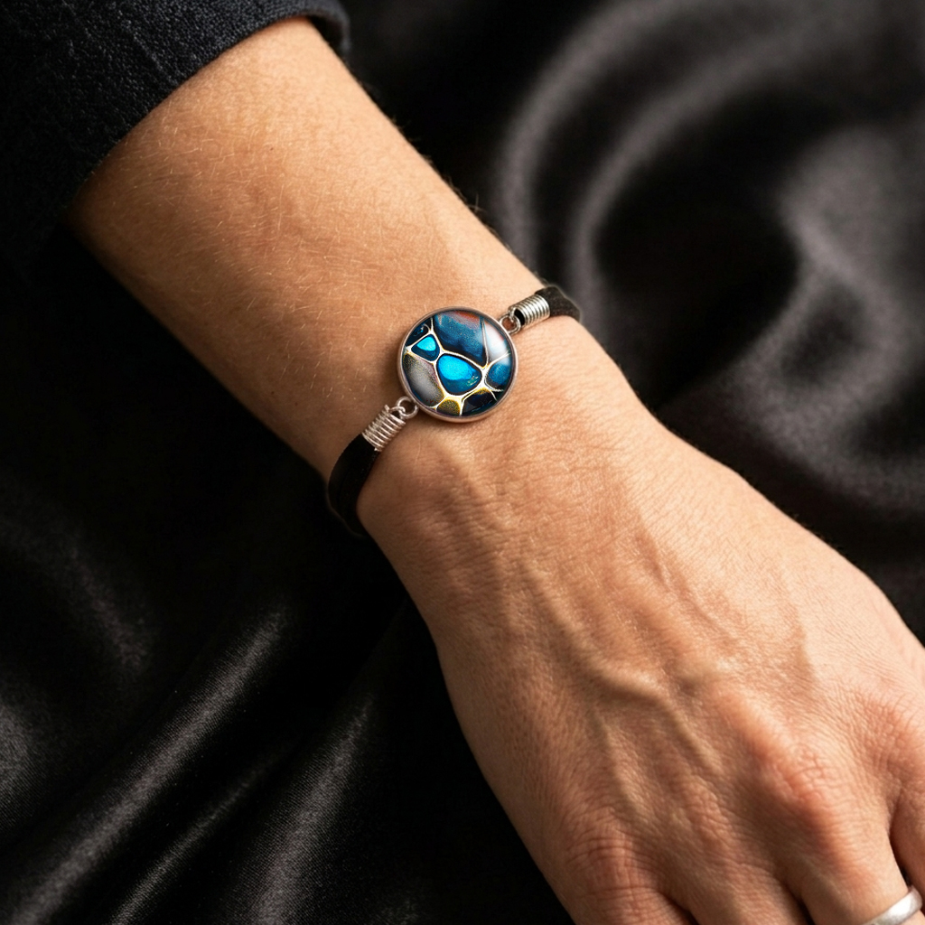 Glass Cabochon Bracelet - Blue Black and White - Image 3