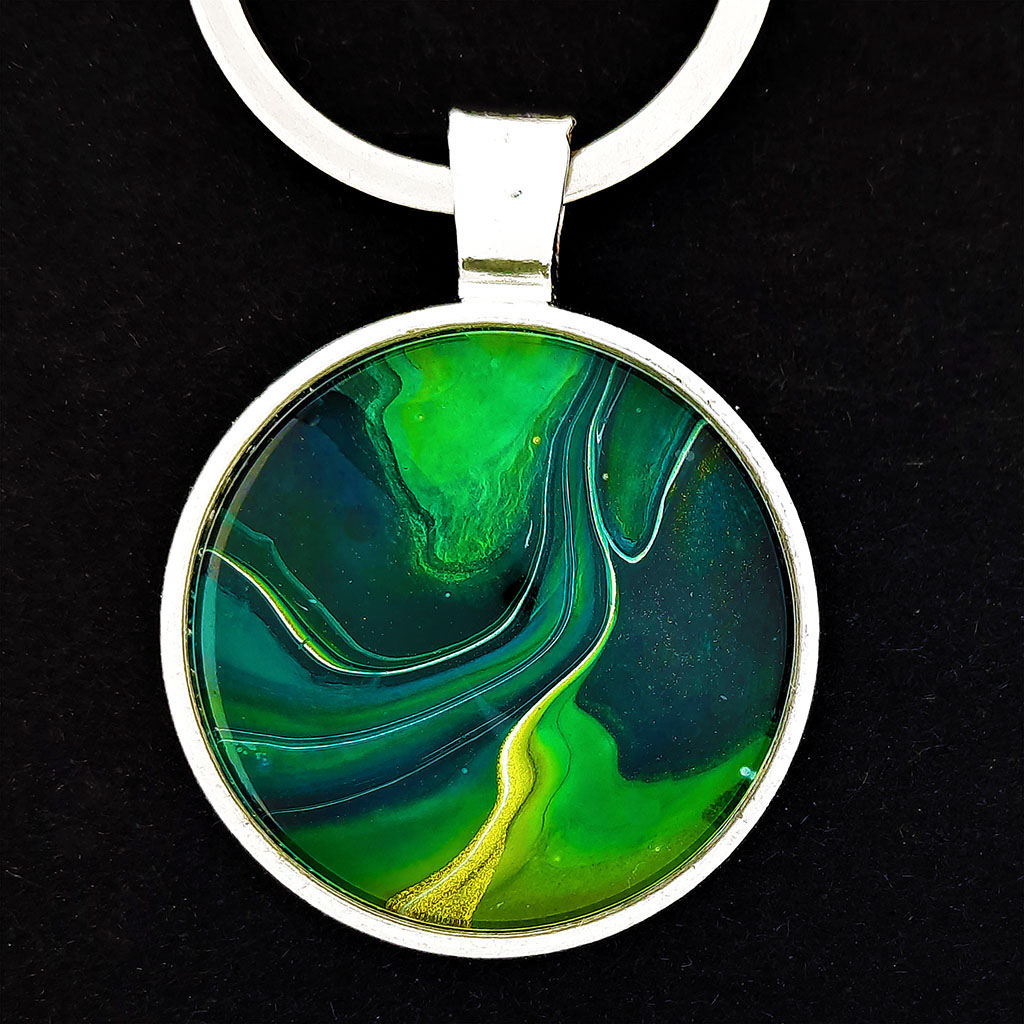 Glass Cabochon Keychain - Teal, Green and Black - Image 2