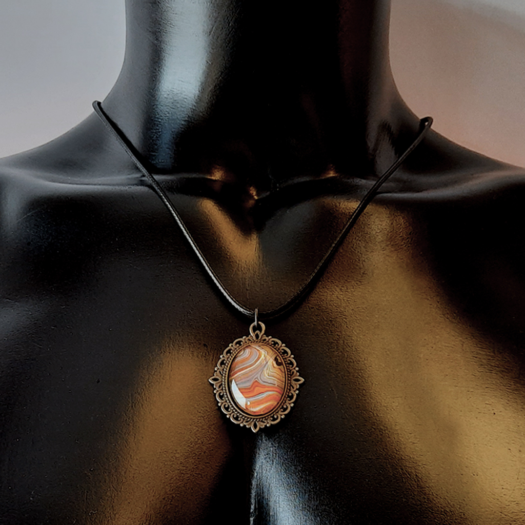 Oval Cabochon Necklace - Grey, Amber, Gold - Image 3