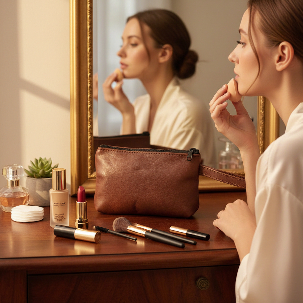 Brown Leather Make up Bag with Luxury Hand Cream - Image 4
