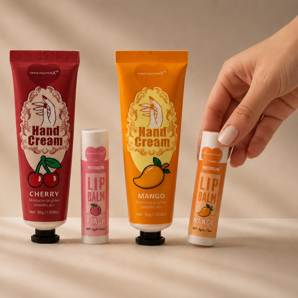 Leather Make Up Bag with Hand Cream and Lip Balm - Image 2