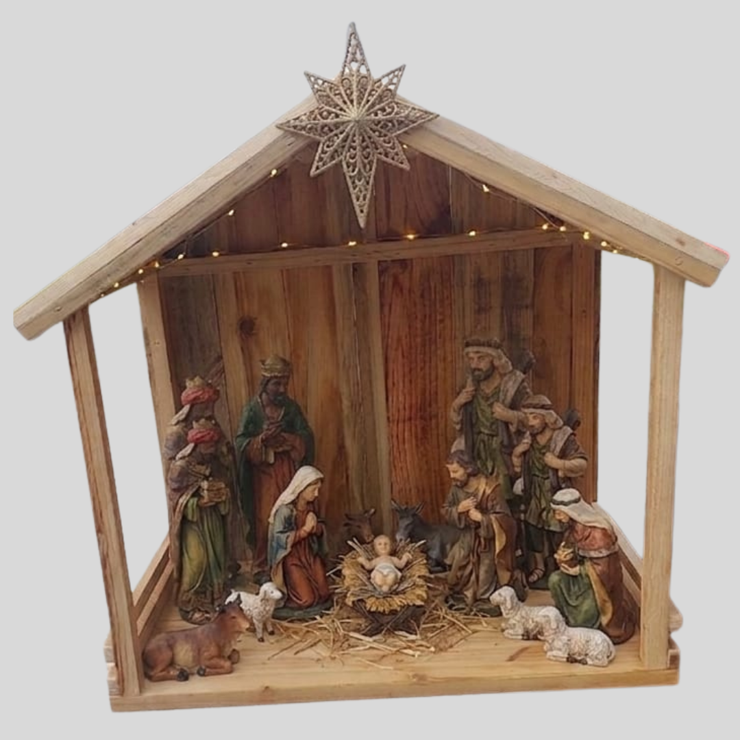 Front view of a rustic handcrafted wooden nativity crèche stable showing precise dimensions: 55cm pitch height, 41cm front post height, and 36cm depth from front to back.