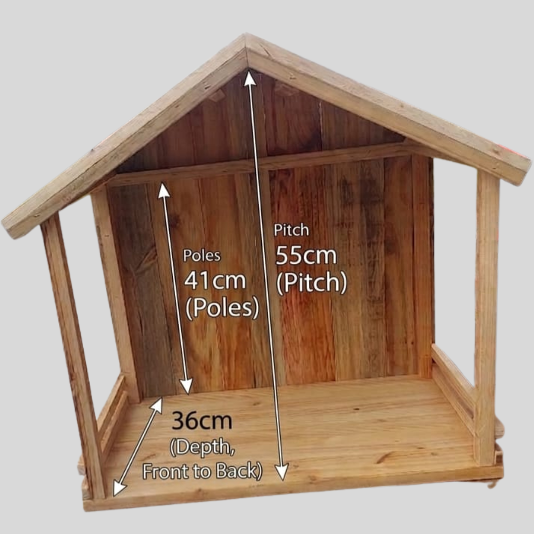 Front view of a rustic handcrafted wooden nativity crèche stable showing precise dimensions: 55cm pitch height, 41cm front post height, and 36cm depth from front to back.