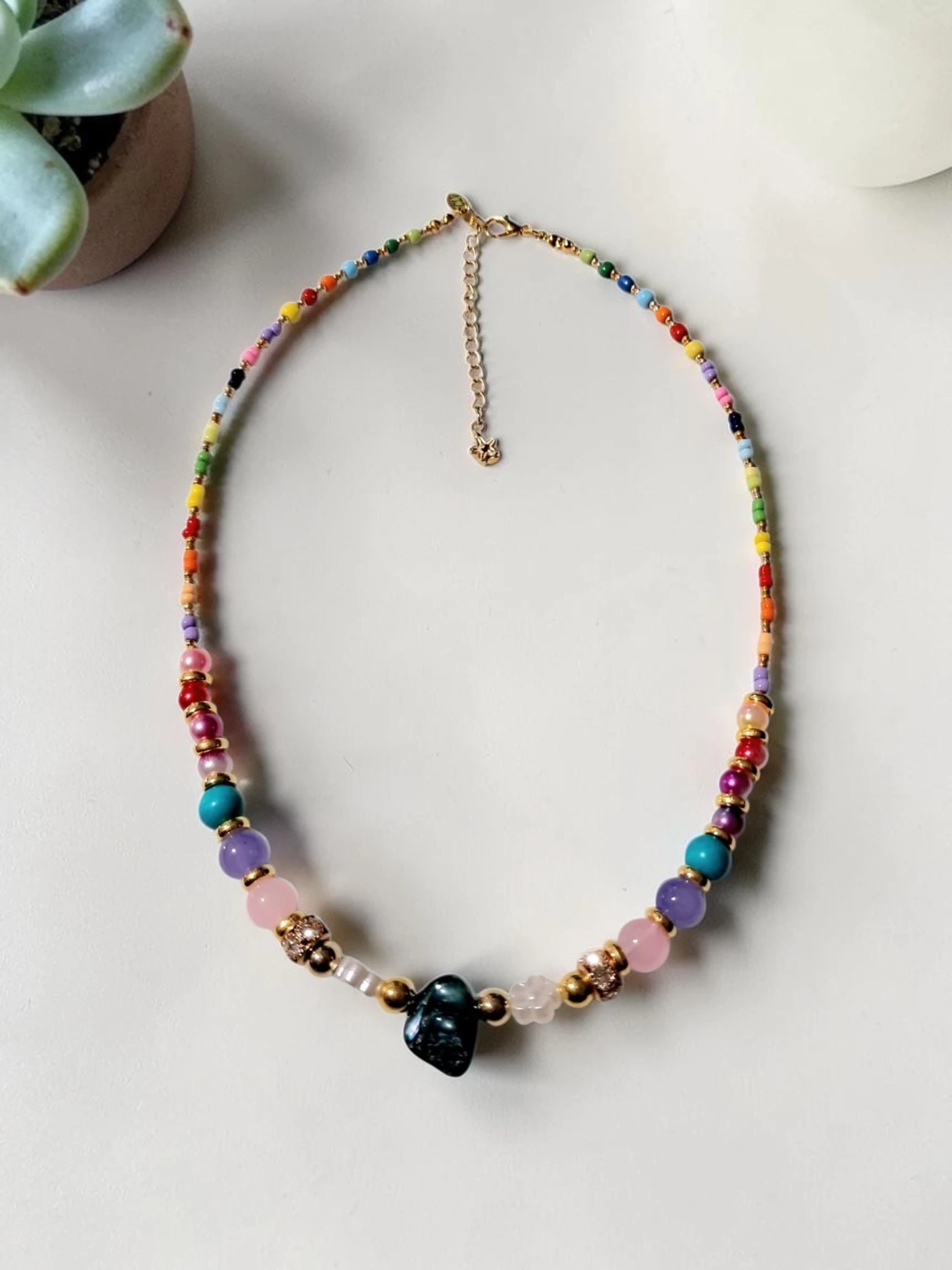 Multicolour Gemstone and Seed Bead Statement Necklace - Image 2