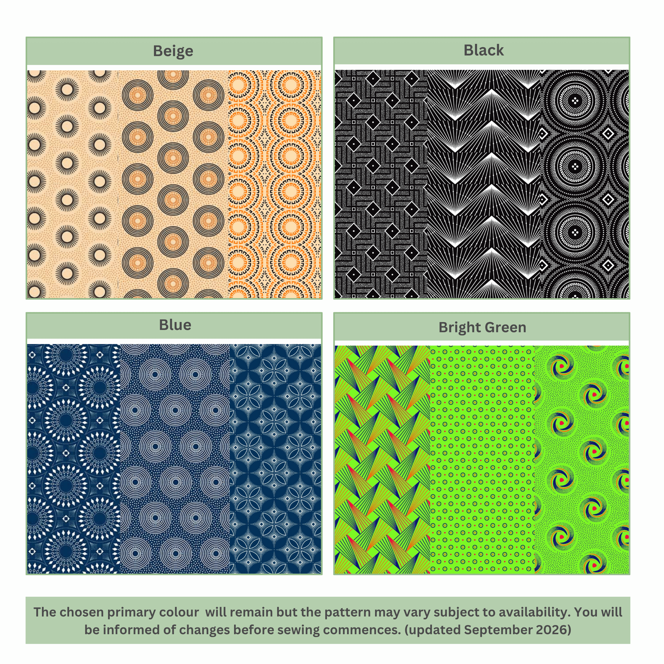 Colourful patterned shweshwe fabric options in Beige, Black, Blue and Bright Green, showing geometric and circular designs; primary colour remains while pattern may vary subject to availability.