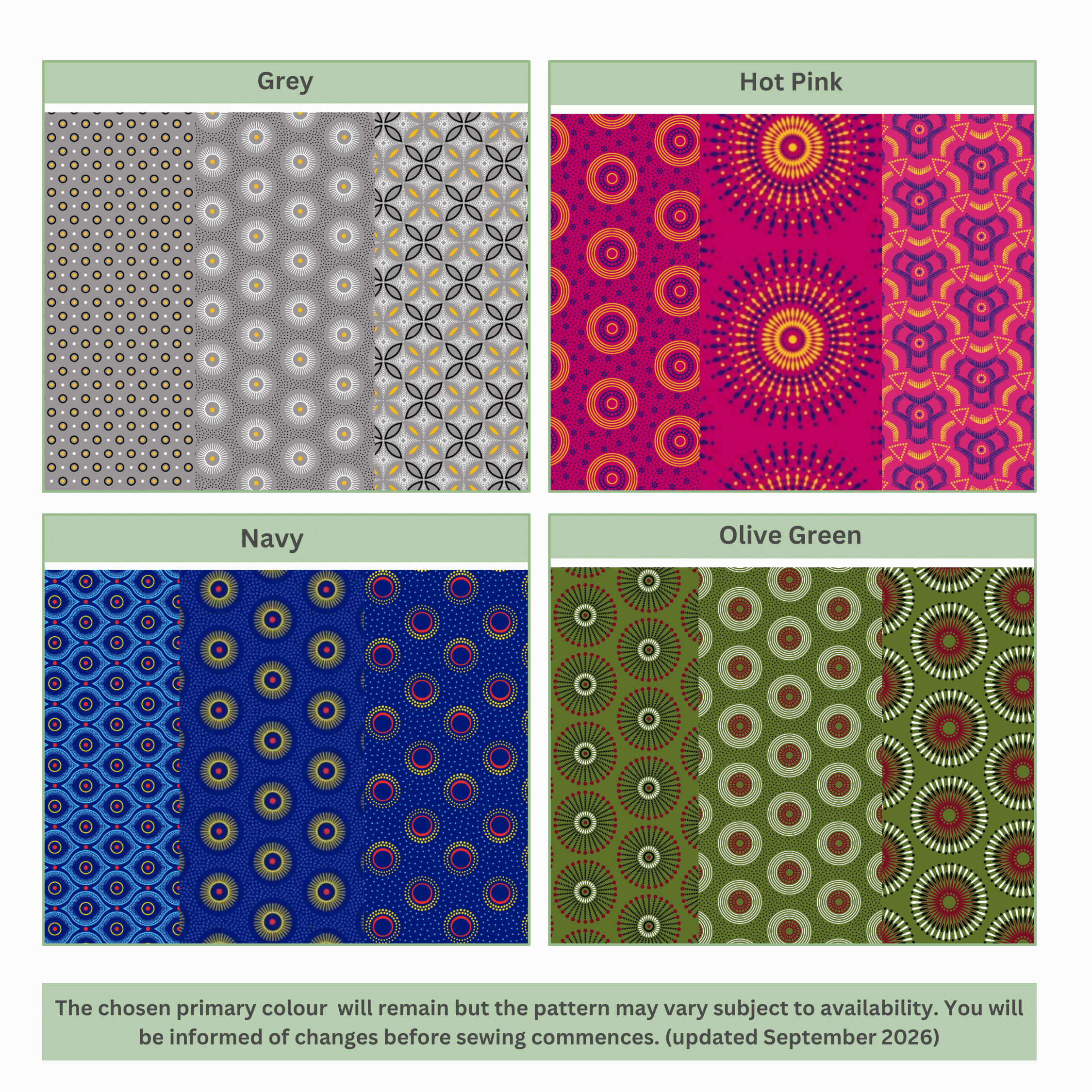 Colourful patterned shweshwe fabric options in Grey, Hot Pink, Navy and Olive Green, showing geometric and circular designs; primary colour remains while pattern may vary subject to availability.