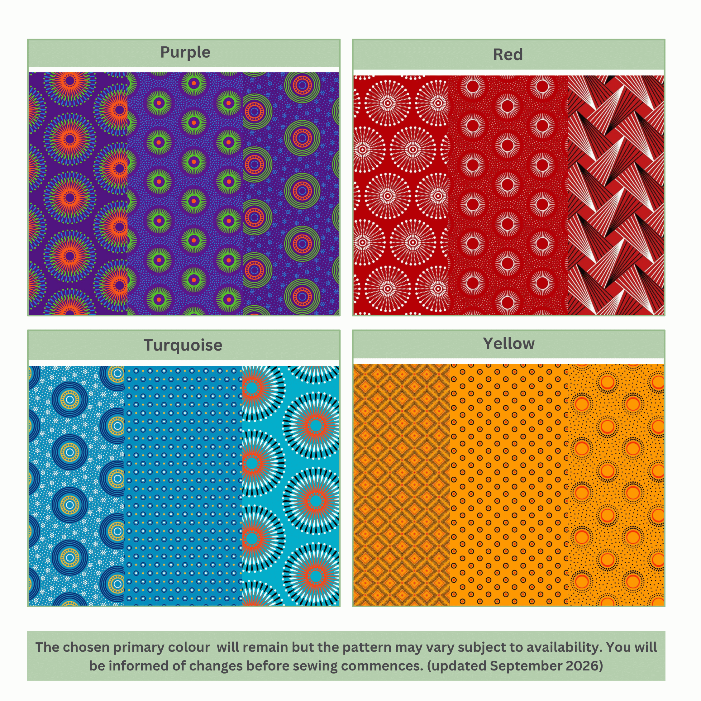 Colourful patterned shweshwe fabric options in Purple, Red, Turquoise and yellow, showing geometric and circular designs; primary colour remains while pattern may vary subject to availability.