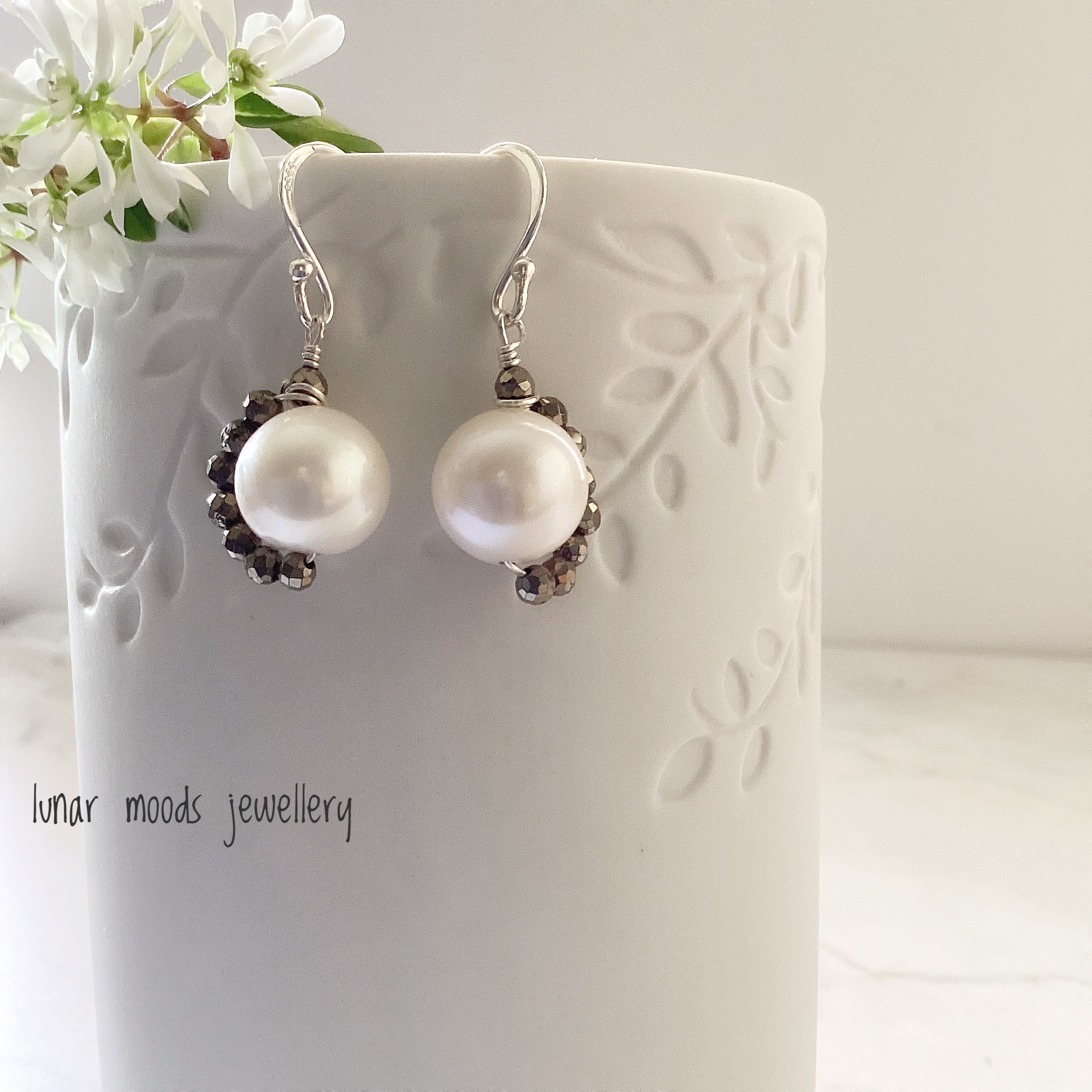 White Pearl and Pyrite Earrings - Image 2