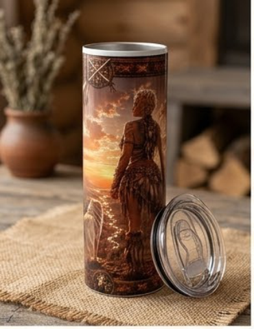 A tall insulated tumbler featuring a fantasy warrior woman standing against a sunset mountain landscape, displayed on a wooden surface next to its matching clear lid.