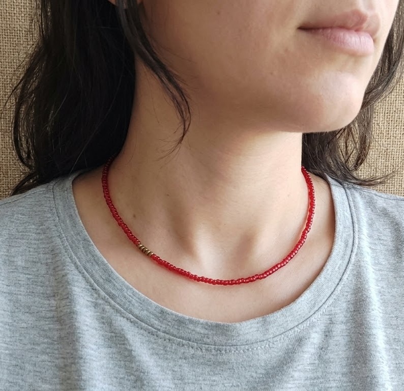 Sterling Silver and Red Seed with Bronze Bead Choker - Image 2