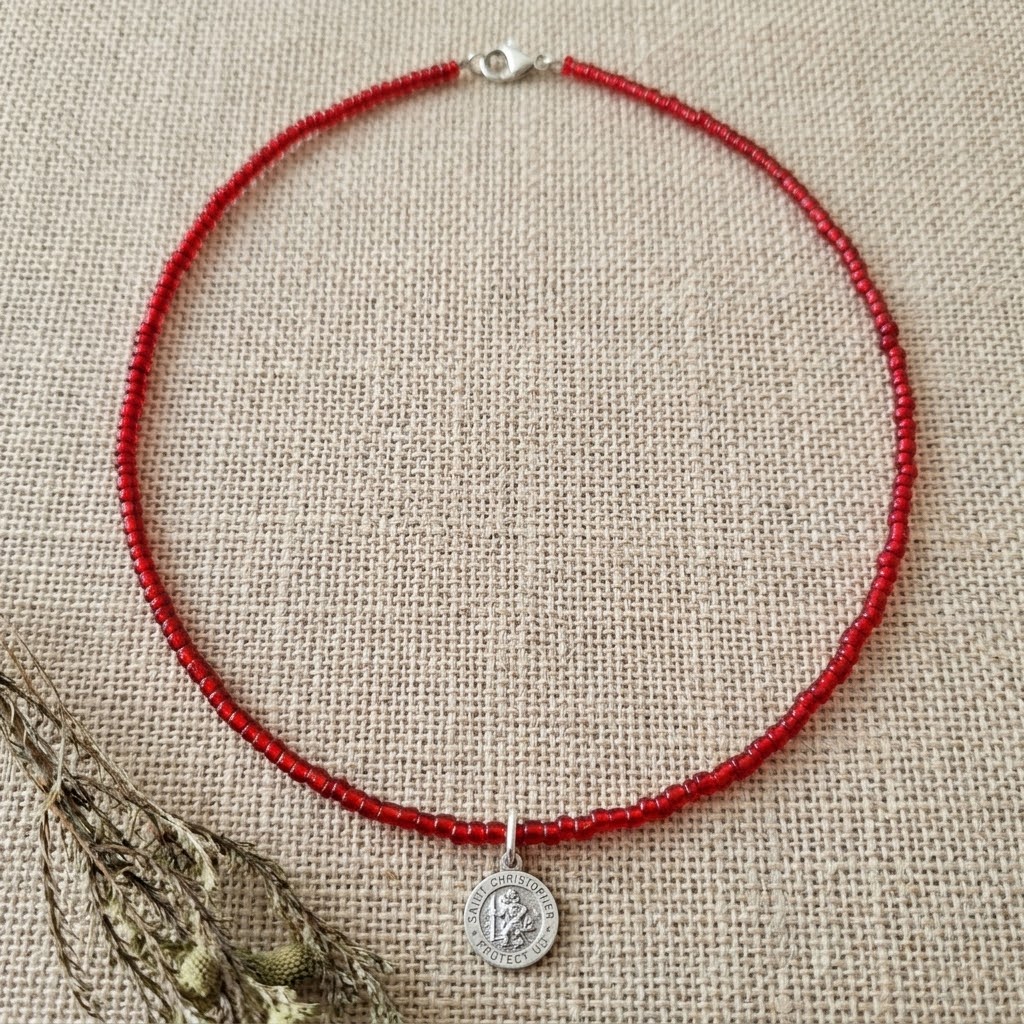 Sterling Silver St. Christopher and Crimson Bead Choker - Image 2