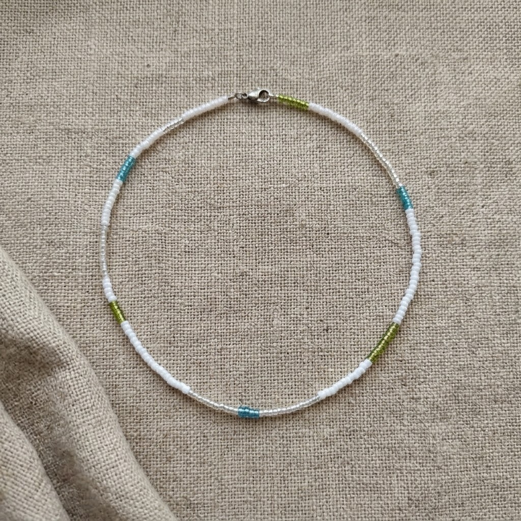 Sterling Silver and White Seed Bead with Green and Teal Accents - Image 2