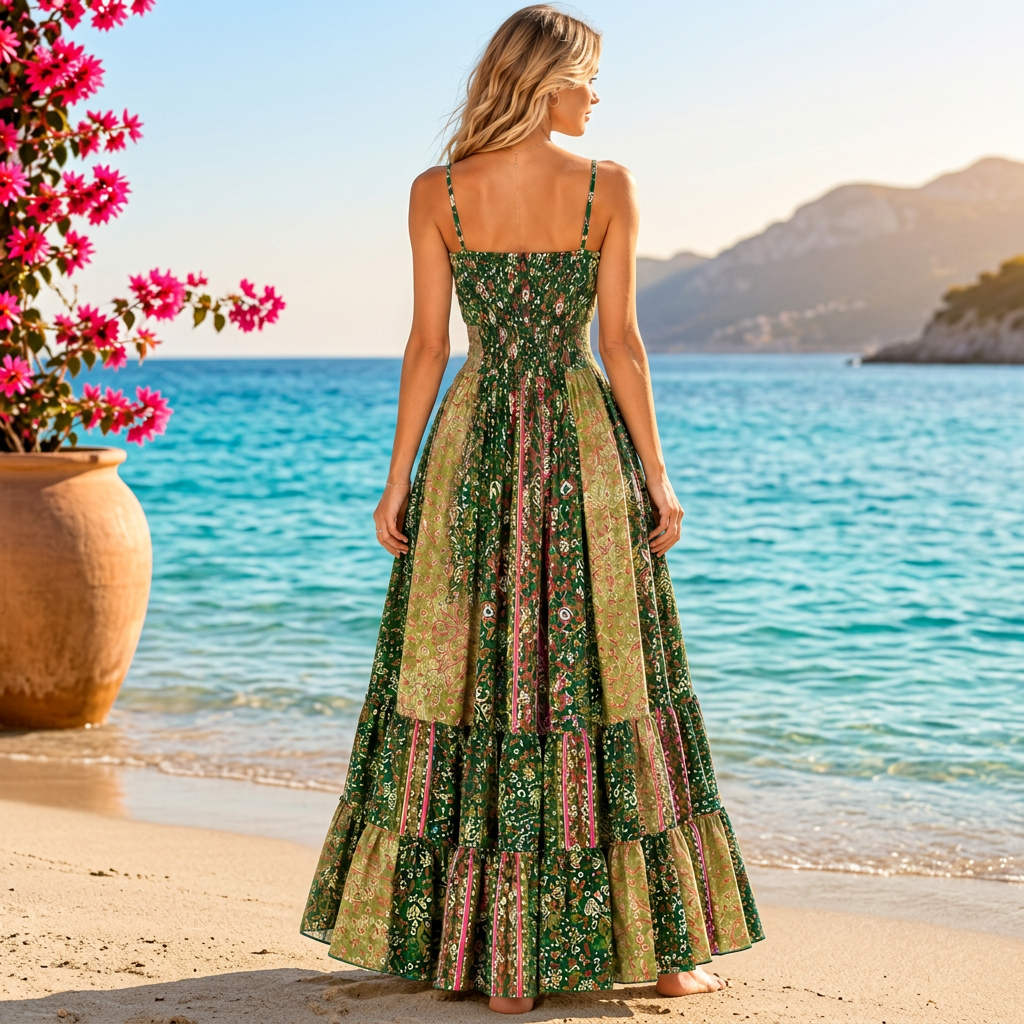 Emerald Green Silk Boho Maxi Dress - Image 2